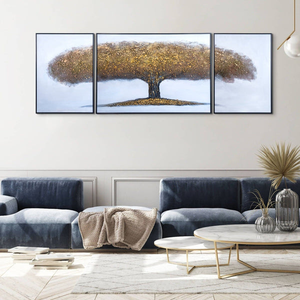 Golden Tree Of Life Trio, 79" Large Textured Impasto Canvas Art Home Decor by Sona Casa