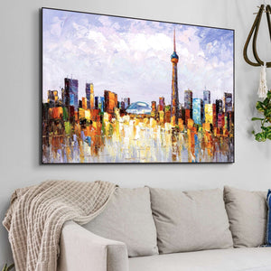 Canada Wall Art - Vibrant Toronto Skyline Painting on Canvas, Modern Urban Landscape, Framed Original Painting for Housewarming Gift by Sona Casa