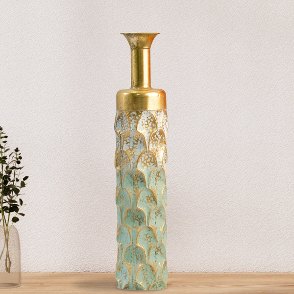 Handmade Floor Vase, Tall Floor Vase, Golden and Green Large Metal Floor Vase, Pampas Vase, Rustic Finish, 31 inch, Home Decor for Farmhouse, Vintage, Chic Space by Sona Casa