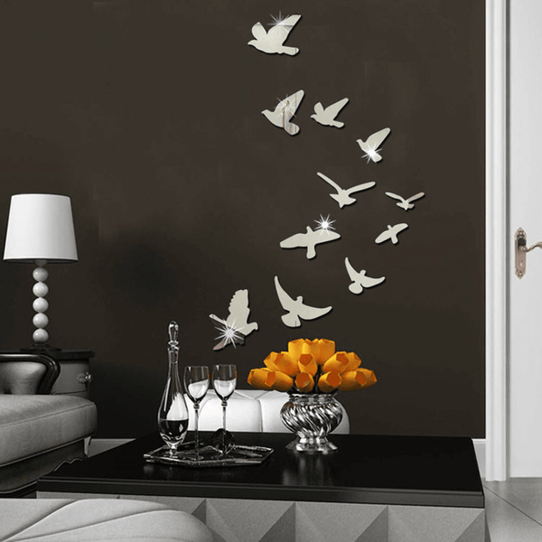 11 pcs Creative Flock Birds 3D Acrylic Mirror Stickers for Wall by Sona Casa