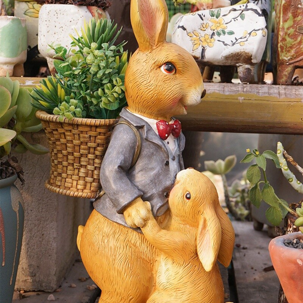 Bunny Family Statue, 15" Outdoor Garden Sculpture, Lawn Patio Decor by Sona Casa