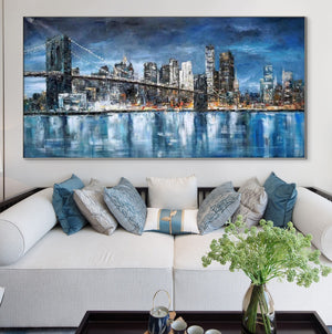 Manhattan, Painting On Canvas, Abstract Painting, New York Painting, Cityscape, Urban Painting, Living Room Wall Art, Blue City Painting by Sona Casa