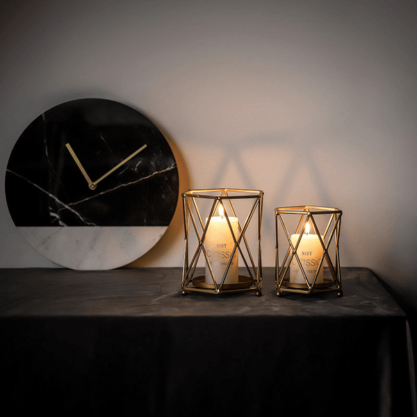 Iron Metal Candle Stick Holder Set, 7" and 5" Gold Wire Mesh Holders by Sona Casa